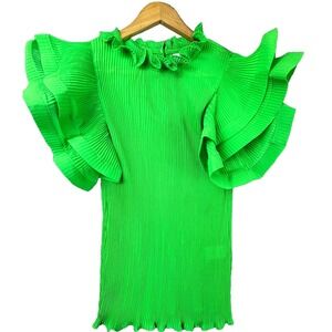 Lovesong Blouse Top Womens Large Green Pleated Tiered Ruffle Sleeve Summer Party